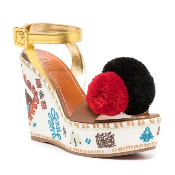 Christian Louboutin Cycladissimo pompom embroidered wedges - Picture 1 of 6
